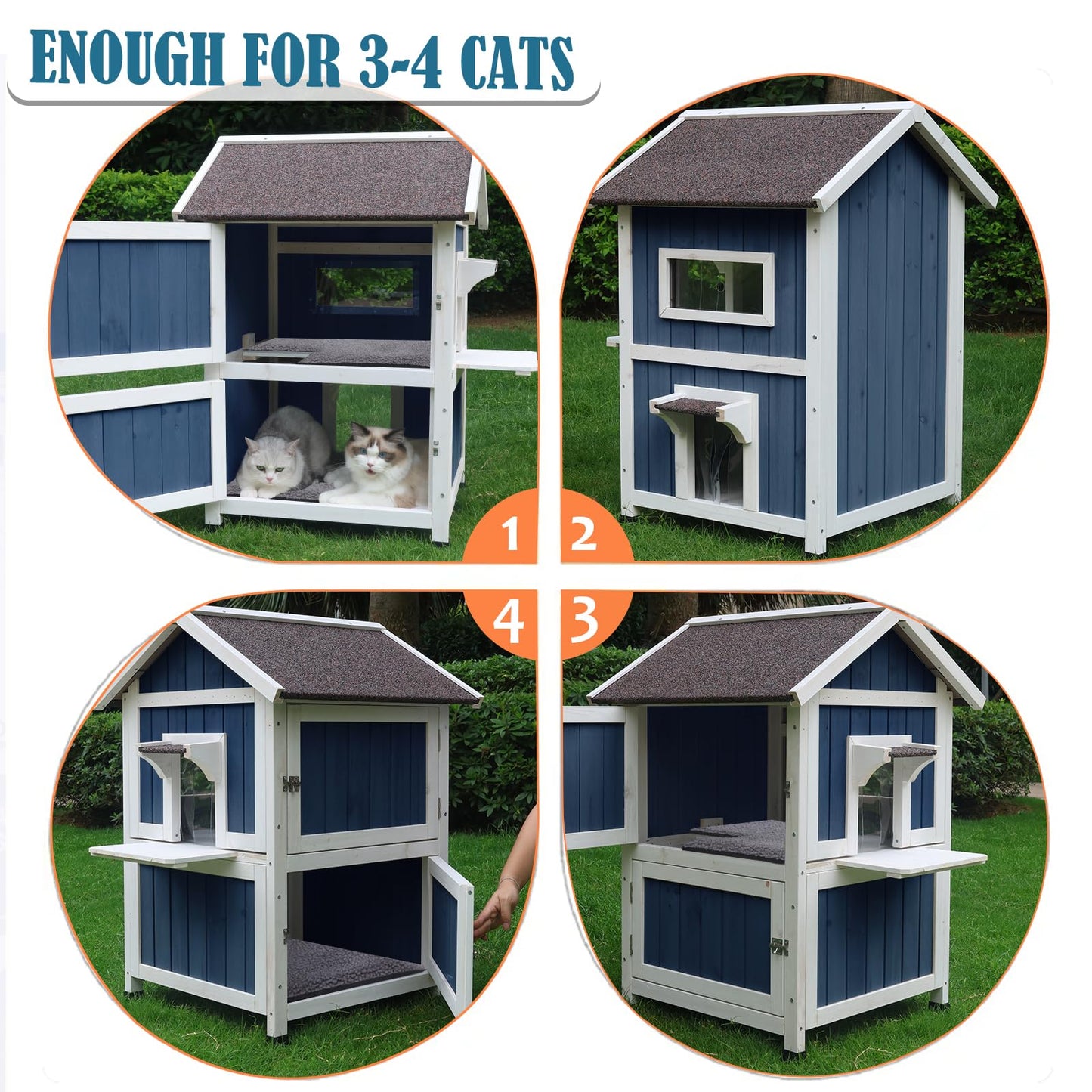 Rockever Outdoor Cat House, 2 Story Outdoor Houses for Feral Cats Wooden Outside Cat Shelter Weatherproof with Escape Door