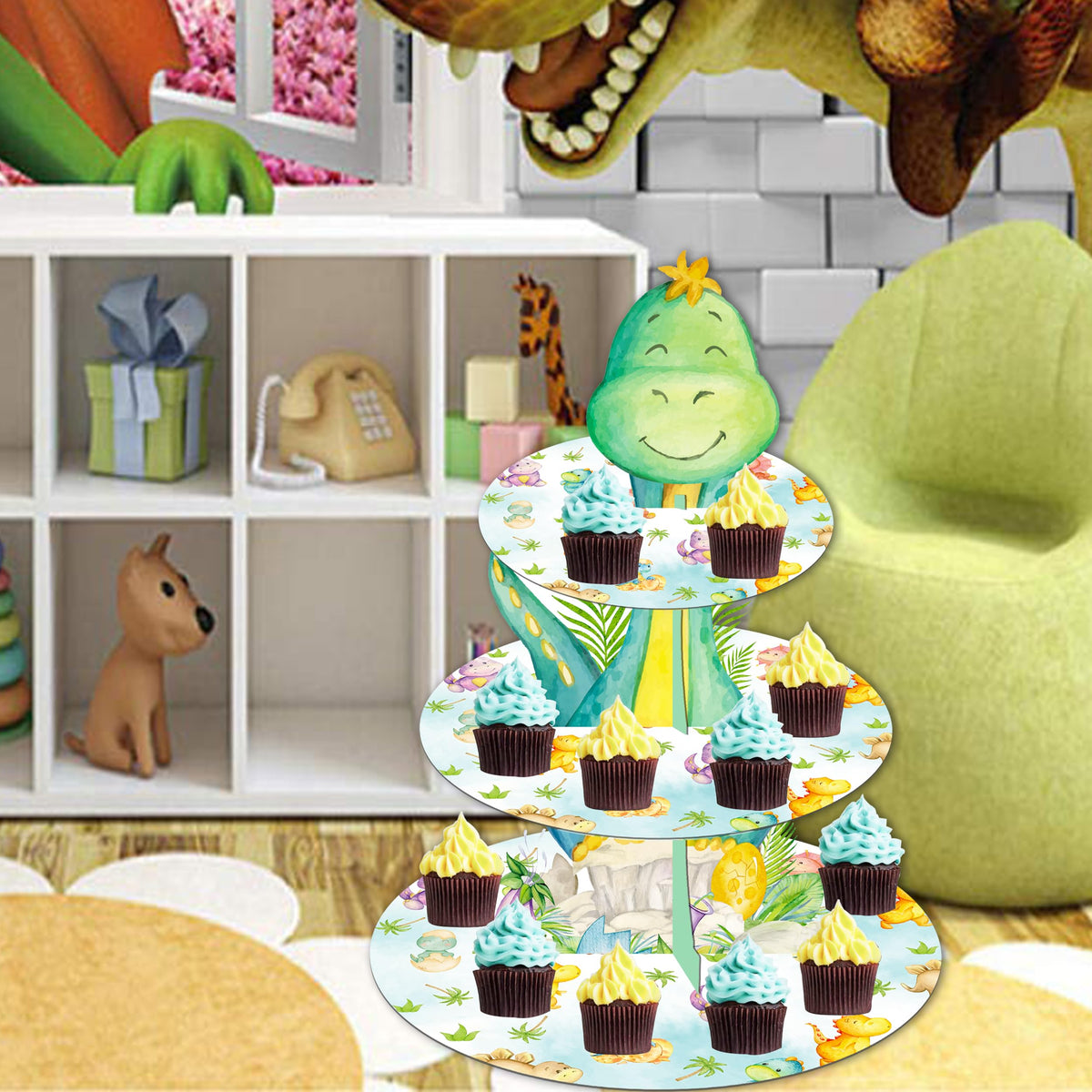 Dinosaur Cupcake Stand 3-Tier Cake Cupcake Holder Dinosaur Baby Shower Decoration for Dino Roar Theme Birthday Party Baby Shower Supplies