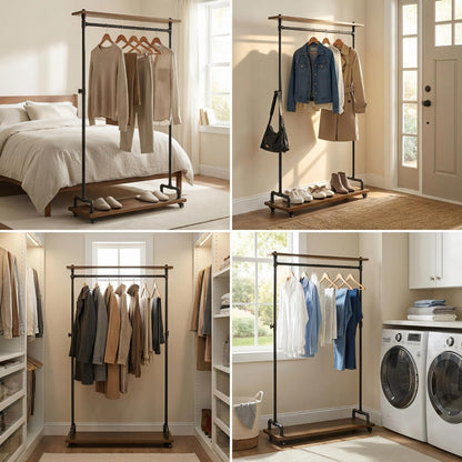 DOFURNILIM Industrial Pipe Clothing Racks, Rolling Garment Racks, Hall Tree on Lockable Wheels with Shelves and Shoes Storage, Heavy Duty Clothes Rack (Free Standing)