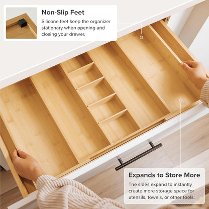 KitchenEdge Adjustable Bamboo Drawer Organizer - Expandable Utensil Storage with 9 Compartments, 28 Inches Wide