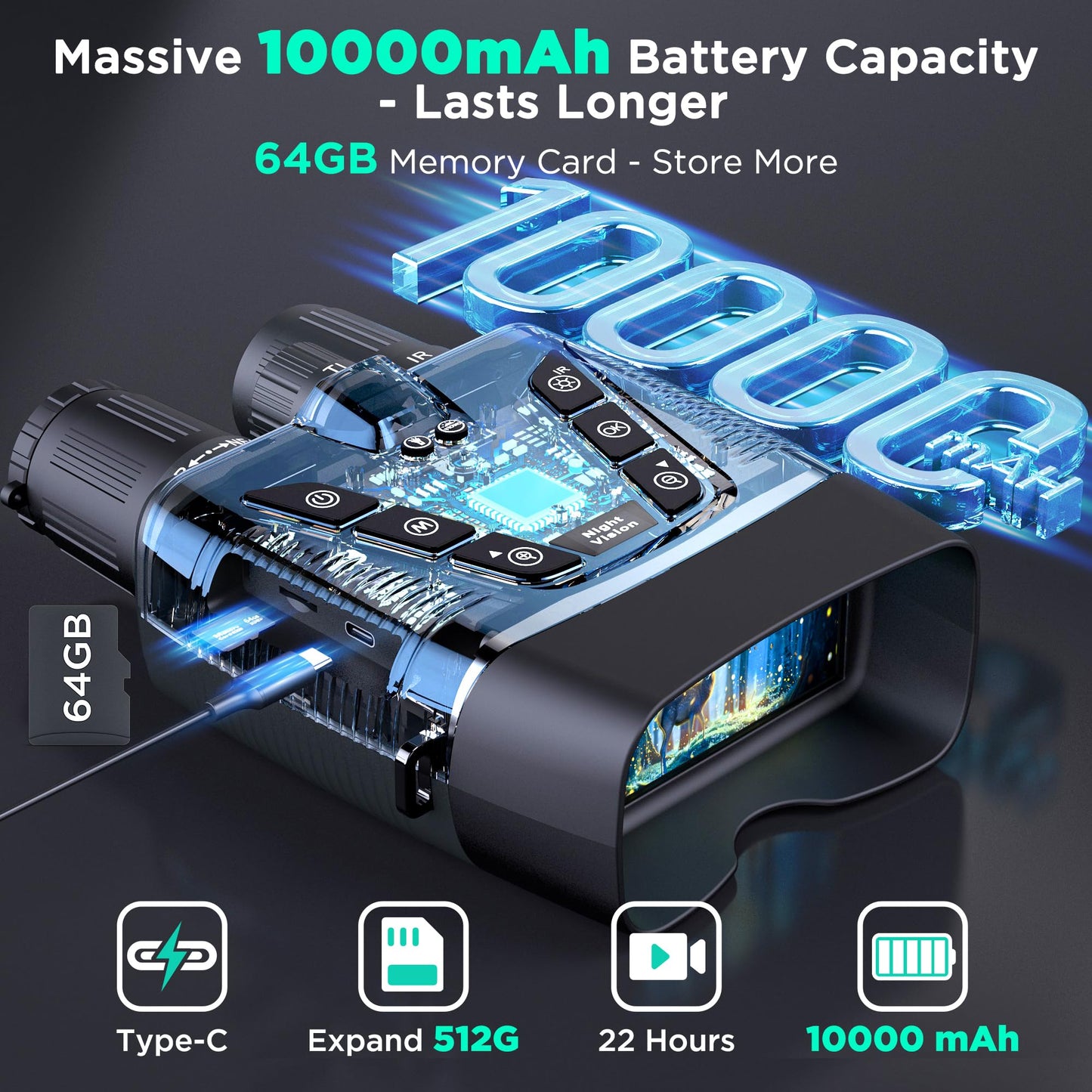 4K Night Vision Goggles, 58MP Full-Color Night Vision Binoculars with 10000mAh Rechargeable Battery, 64GB Card, 3.99" Screen and 1968FT Viewing Range for Camping Hunting & Security