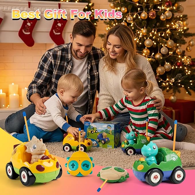 MagicKidz Dinosaur RC Car for Kids - 2-Pack Remote Control Dino Toy Cars for Boys Toddlers Ages 18+ Months 2 3 4 5 Year Old Birthday Gifts with Lights and Music