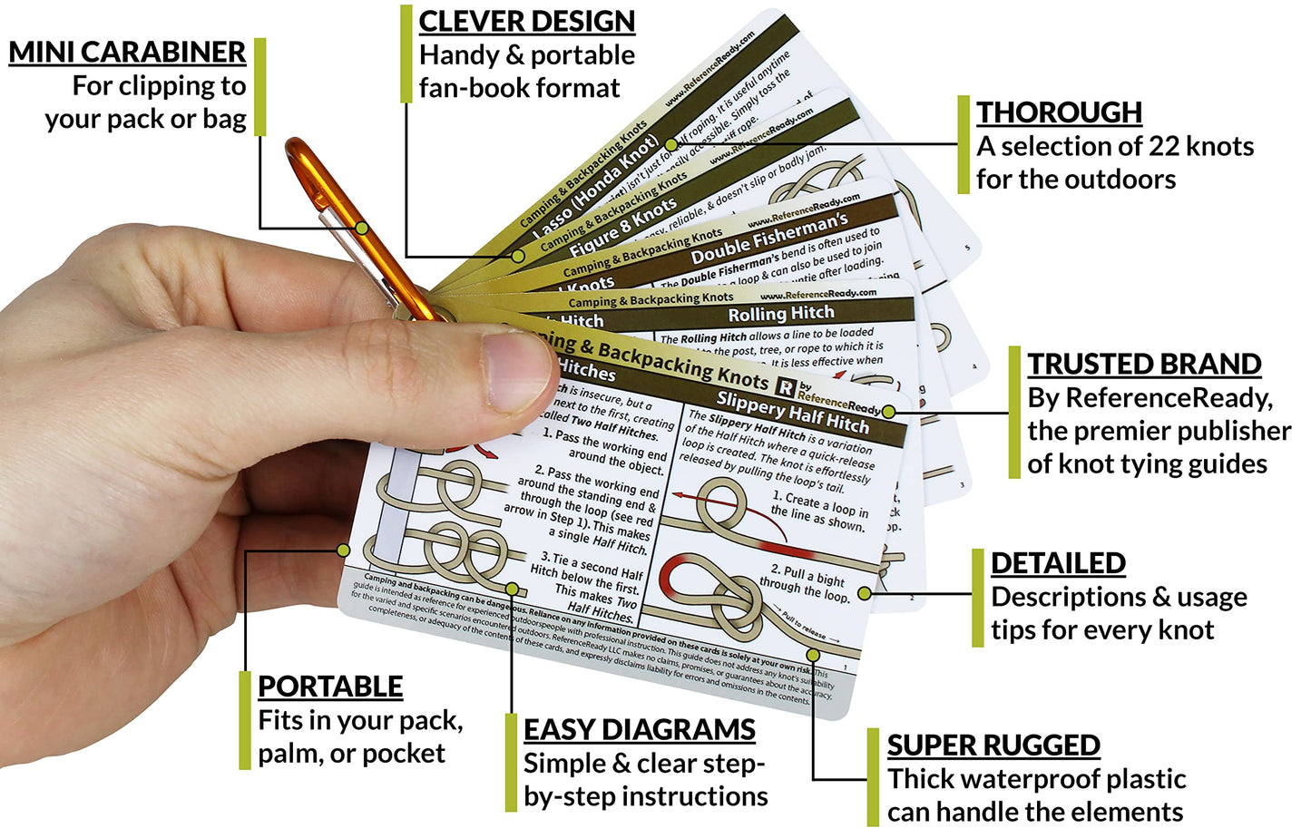ReferenceReady Outdoor Knots Pocket Guide - Waterproof Knot Tying Cards with Mini Carabiner, 22 Rope Knots for Camping, Backpacking, Scouting and Wilderness Survival