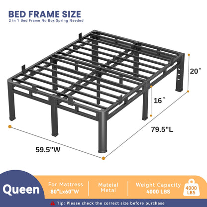 Anyroom 20 Inch Queen Bed Frame, Double Layer Heavy Duty Metal Platform 4000 lbs Capacity, Bed Frames with Headboard Holes, Round Corner Legs, No Box Spring Needed, Easy Assembly