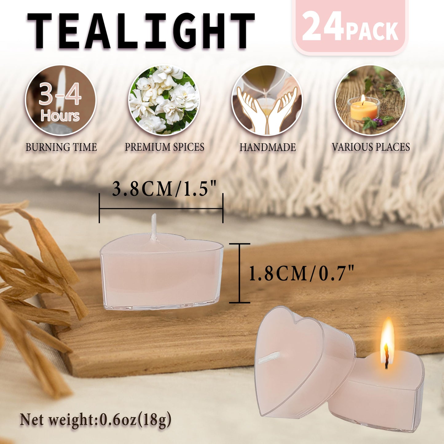 Pink Heart Tea Lights Set of 24, Handmade Tealight Candles with Gardenia Scent, Long Burning Tea Candles, Tealights for Wedding Meditation Home Spa Decor Gift