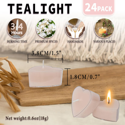 Pink Heart Tea Lights Set of 24, Handmade Tealight Candles with Gardenia Scent, Long Burning Tea Candles, Tealights for Wedding Meditation Home Spa Decor Gift