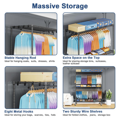 ULIFHOME P8 Max Heavy Duty Clothes Rack（With Extended Width Design） Rolling Clothing Racks for Hanging Clothes，Portable Garment Rack with Lockable Wheels，51.2" W x 15.8" D x 80.5" H，Load 700LBS，Grey