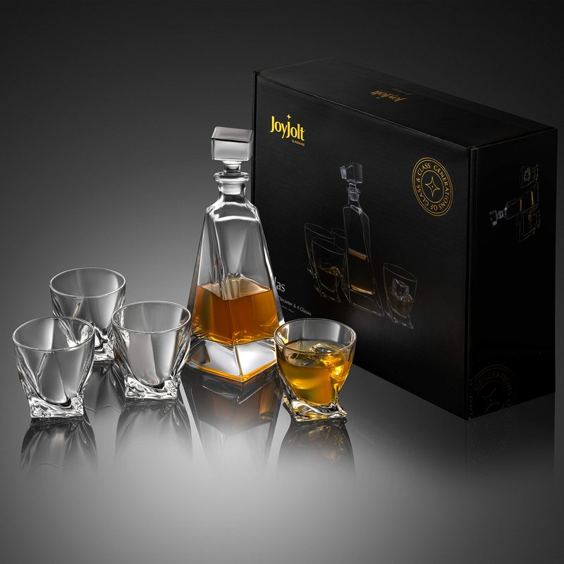 JoyJolt Atlas 5-Piece Luxury Crystal Whiskey Decanter Set, 22 oz Decanter & 4 x 10.8 oz Old Fashioned Whiskey Glasses