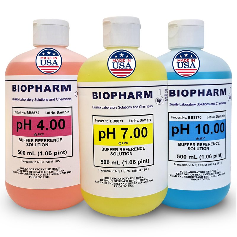 pH Buffer Calibration Solution 3-Pack: pH 4.00, pH 7.00, pH 10.00 Buffers — 500 mL (1.06 Pint) Each — Color Coded — NIST Traceable for All pH Meters