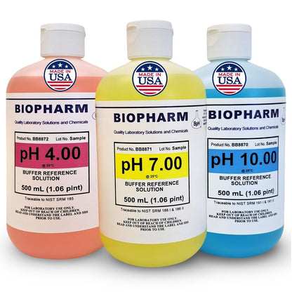 pH Buffer Calibration Solution 3-Pack: pH 4.00, pH 7.00, pH 10.00 Buffers — 500 mL (1.06 Pint) Each — Color Coded — NIST Traceable for All pH Meters