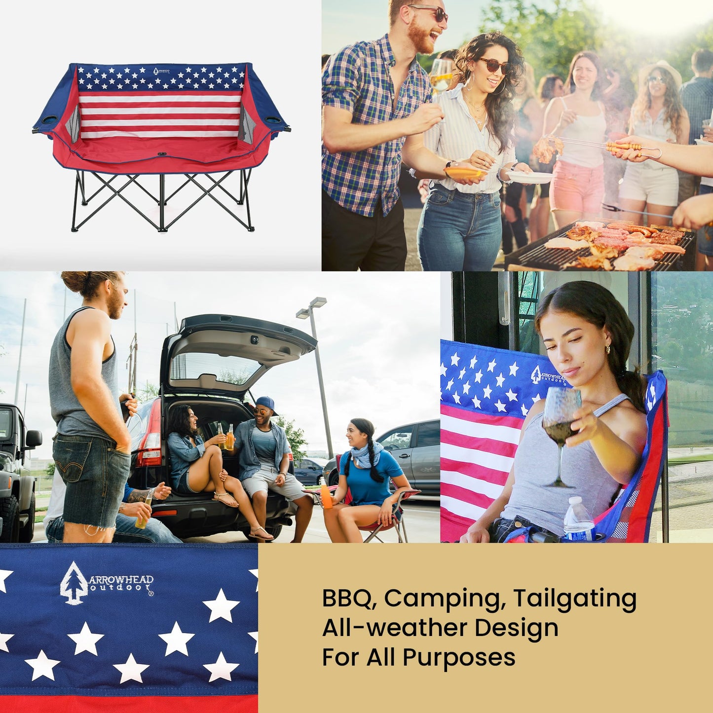 ARROWHEAD OUTDOOR 2-Pack Portable Folding Double Duo Camping Chair Loveseat w/ 2 Cup & Wine Glass Holder, Carrying Bag, Supports up to 650lbs