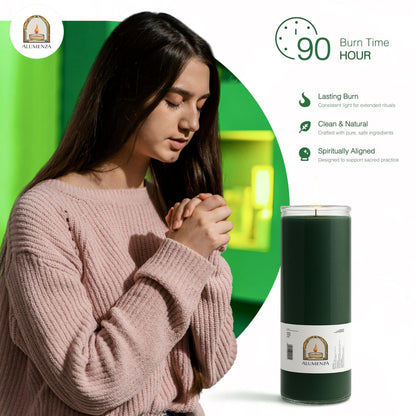 Alumenza 3 Pack Green 7 Day Candles in Glass Jar – Paraffin Wax, Clean Burning Unscented | Large & Tall Devotional Prayer Pillar Candles for Home, Memorial, Spells, Long Lasting