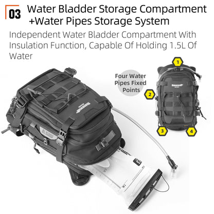 Rhinowalk Motorcycle Tank Bag Travel Luggage Motorcycle Backpack with 1.5L Water Bladder MOLLE System Fits Honda Yamaha Suzuki Kawasaki Harley-Black