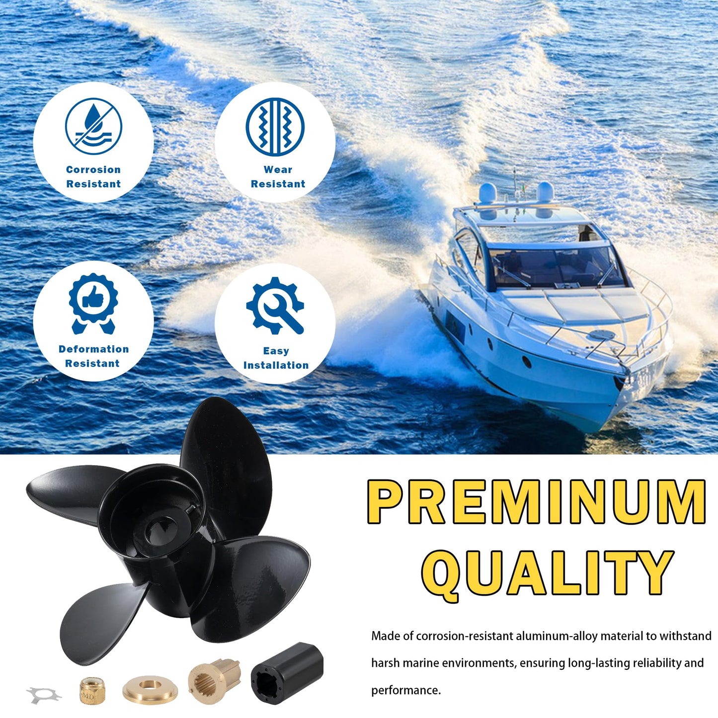 MiBarco 14 1/2 x 17(Hub Kits Included) Upgrade Aluminum Boat Propeller Fit Mercury Outboard Engines 135-300 HP Mercruiser Alpha &Bravo ONE, 4 Blades 15 Spline Tooth,14.5dia x 17pitch Prop RH