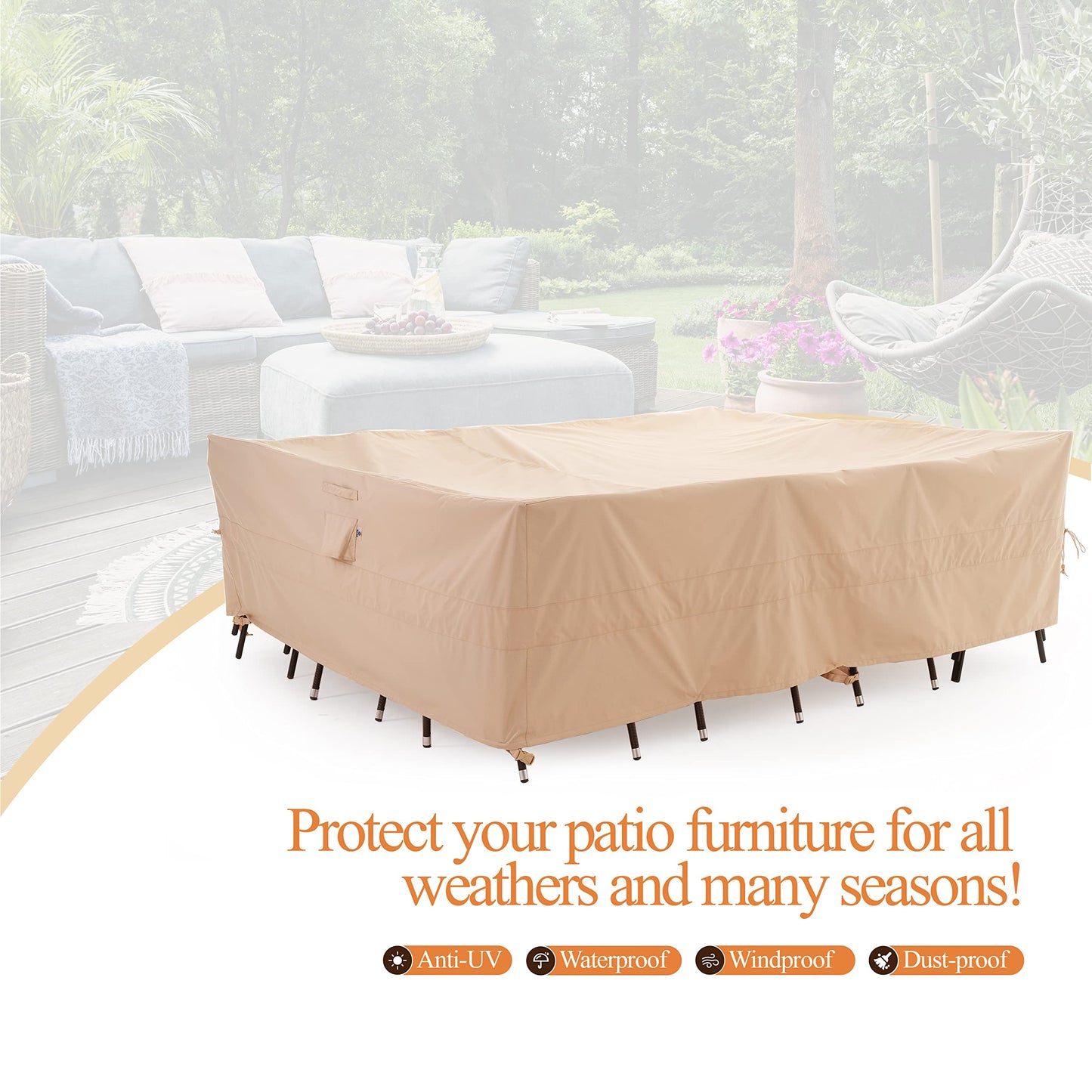 WJ-X3 Large Rectangular Beige Heavy-Duty Patio Table Cover, 136x88x36in - Wind-Resistant, Waterproof, Anti-Fade - Perfect for Outdoor Sectional Furniture Sets