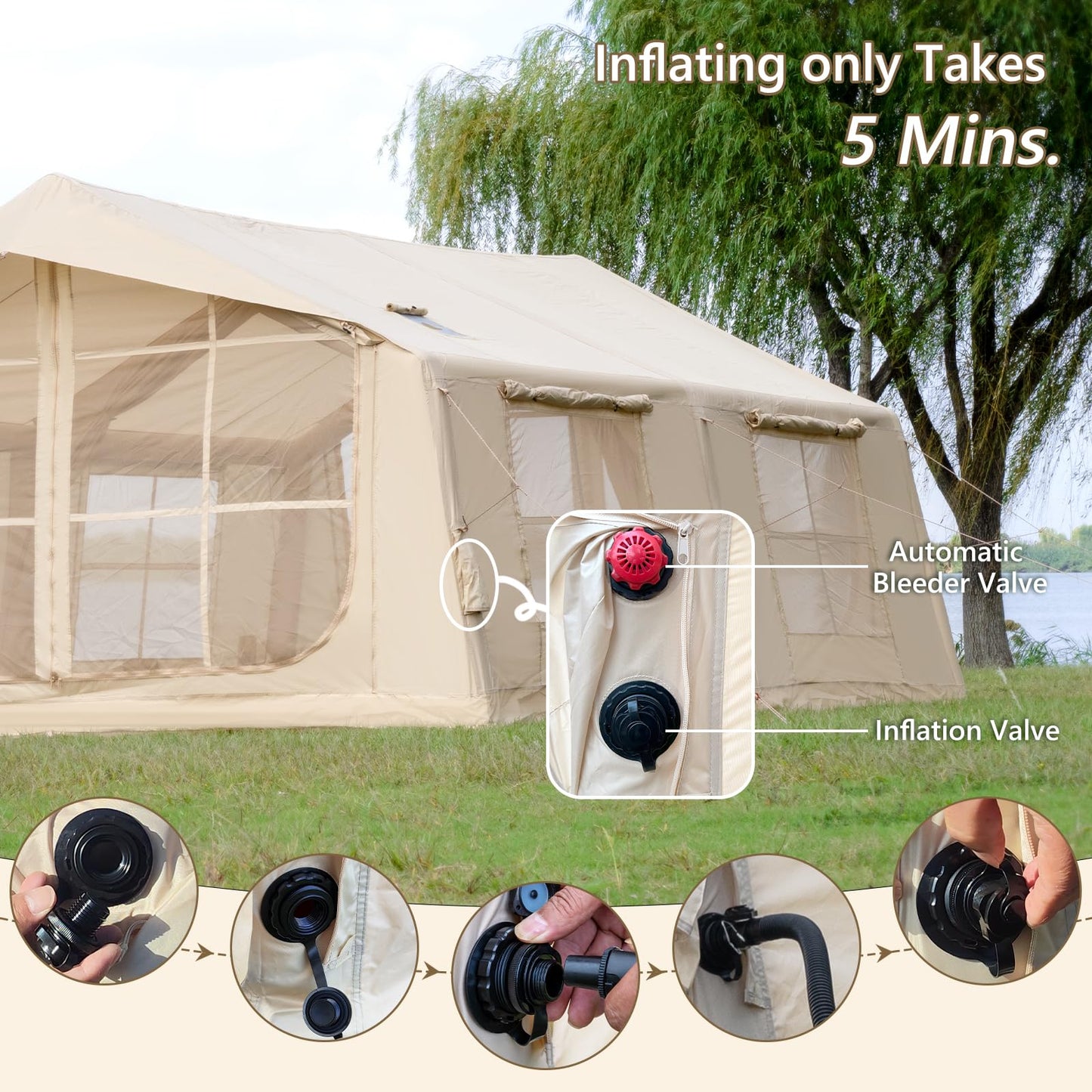 Inflatable Tent for Camping with Rainfly, 8-12 Person Easy Setup Air Tent with 2 Rooms & Hand Pump, 4 Season Glamping Tent with Stove Jack, Large Family House Tent for Outdoor Camping