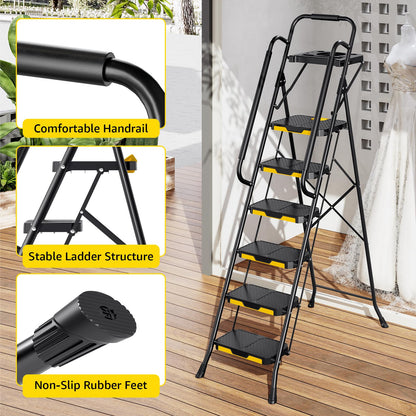 Urackify 6 Step Ladder with Tool Platform, Folding Step Stool with Handrails, Sturdy Steel Ladder with Wide Pedal, 800 LBS Portable Safety Ladder for Painting Home Outdoor Garage
