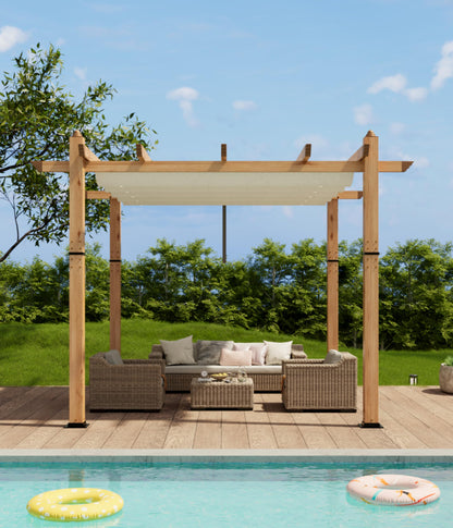 10' X 10' Aluminum Pergola Faux Wood Outdoor Pergola with Retractable Canopy Metal Pergolas Shelter for Backyard, Deck, Patio, Garden Porch Beach Sun Shade Pavilion Grape Trellis Grill, Beige
