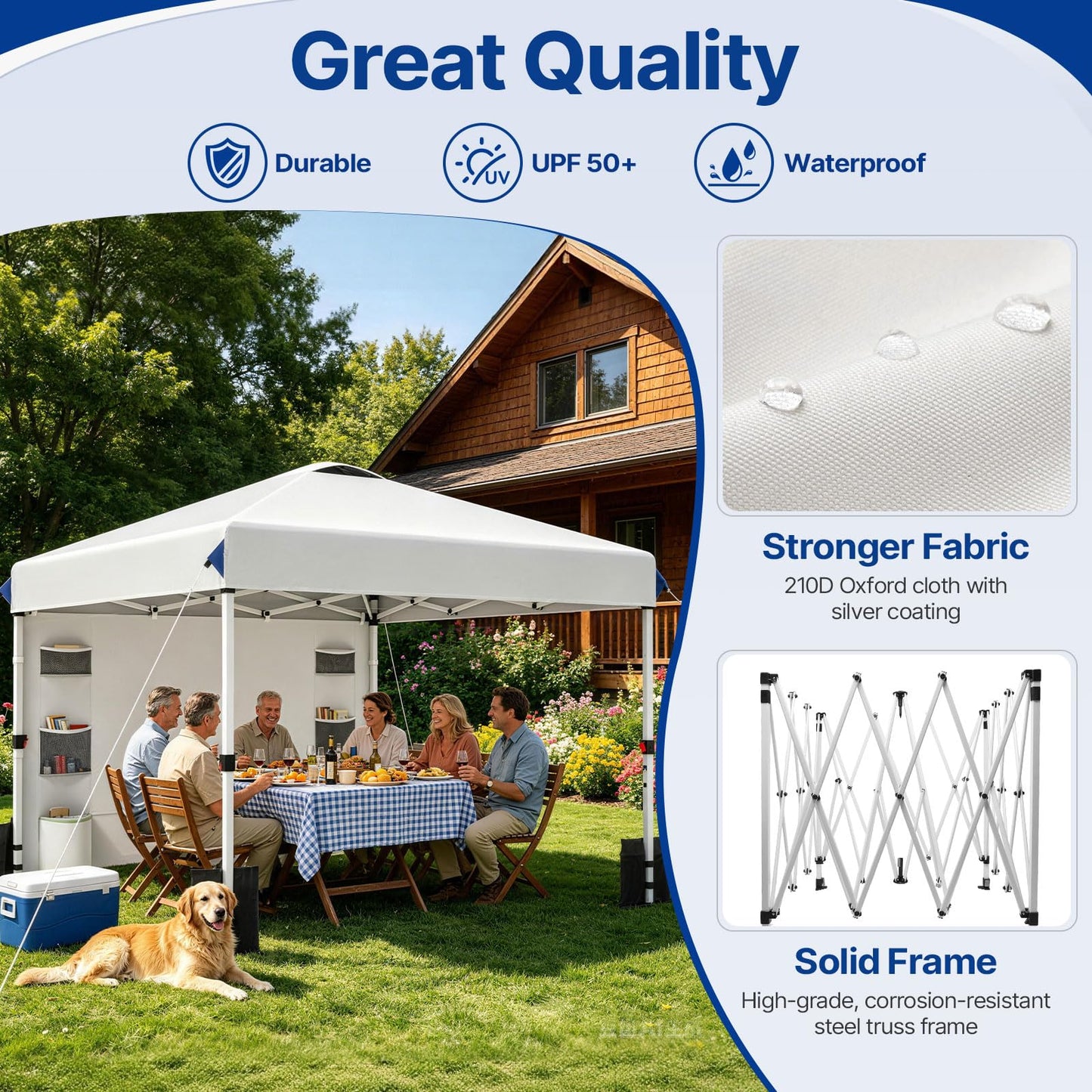 10x10 FT Pop Up Canopy Outdoor Tent with 1 Sidewall and 6 Pockets, 1-Button Push Easy Set Up, 3-Height Adjustable Beach Shade, Heavy Duty Sun Shelter for Vendor Events Camping Party Outdoor Activities