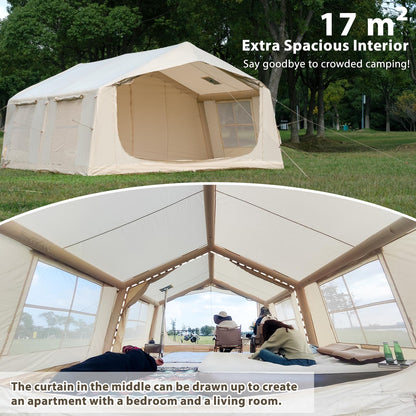 WaldZimmer 17sq Beige Inflatable Camping Tent with Hand Pump Easy Setup Waterproof Windproof Outdoor Blow up Tent 8-12 Person Oxford 4 Season Glamping Air Tents Cabin House with Mesh Windows & Door