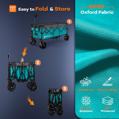 Originsure 48" L Collapsible Wagon Cart Foldable, 560lbs Weight Capacity 300L Heavy Duty Folding Beach Wagons with Big All-Terrain Wheels, Utility Carts for Groceries, Camping, Sports - Grey&Turquoise
