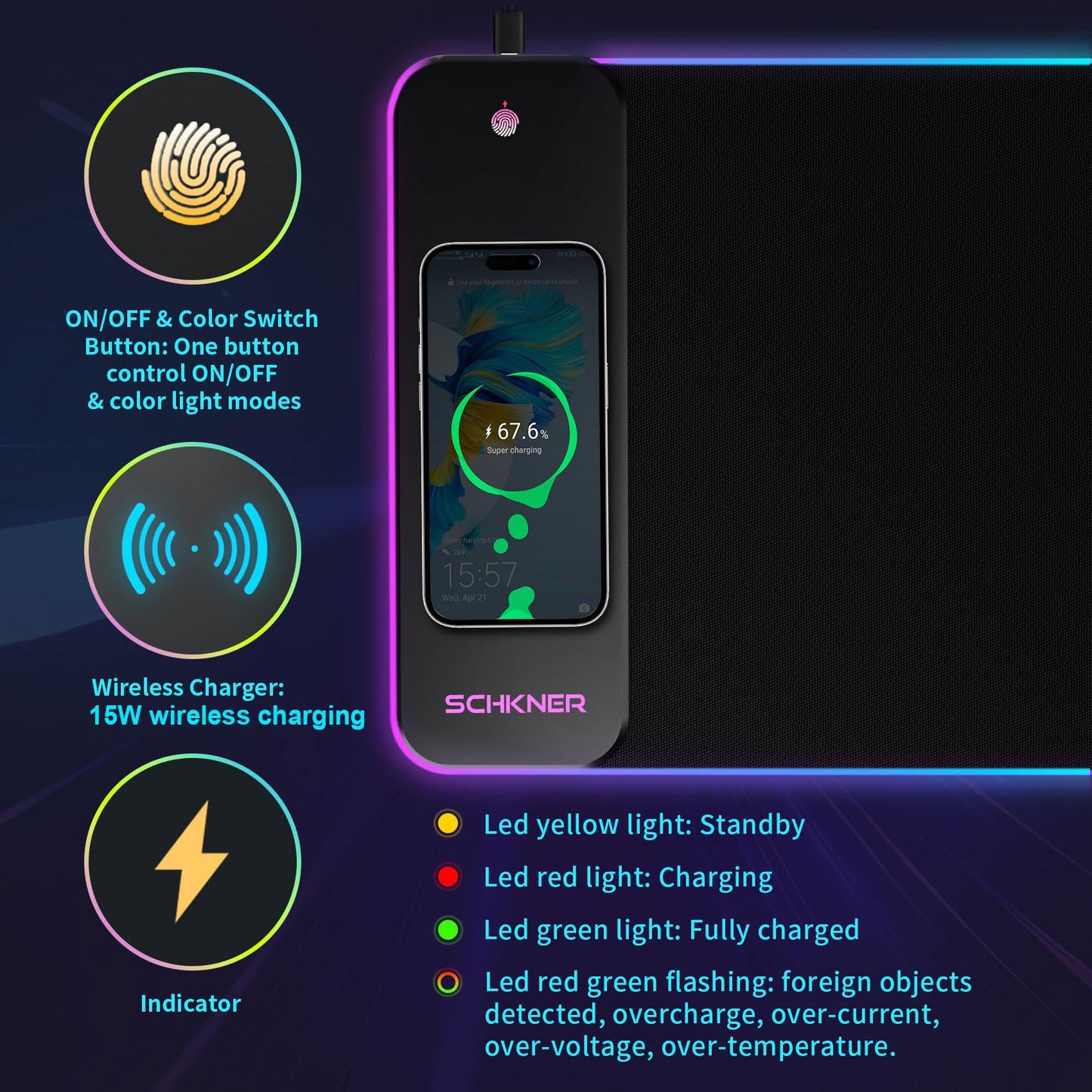 Schkner RGB Gaming Mouse Pad with Wireless Charging 15W, Large Desk Mat 800x300x4mm, 10 Light Modes Keyboard Pad with Non-Slip Rubber Base, Waterproof Mousepad for Gaming PC MacBook Laptop