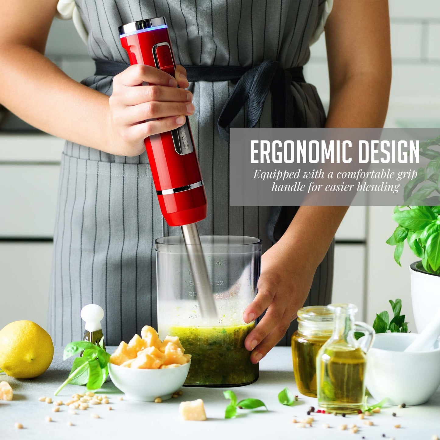OVENTE Immersion Hand Blender, 300W Electric Handheld Portable Stick Mixer with 2 Mixing Speed and Stainless Steel Blades for Effortless Blending Smoothies, Shakes, Puree or Baby Food, Red HS560R