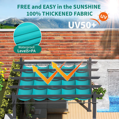 Aluminum Pergola with Retractable Canopy, 10x13 ft Sun Shade, Rust-Resistant Outdoor Pavilion for Patio, Backyard, Deck, Poolside, Waterproof, Grape Trellis, Blue with Curtains and Mosquito Netting