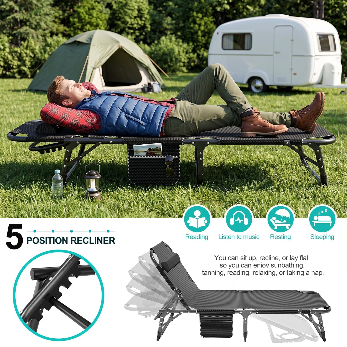 ABORON 3-in-1 Folding Lounge Chair with Padded Cushion, 440LB Heavy-Duty 3-Fold Adjustable Recliner & Guest Bed, No Assembly Portable Chaise Lounge for Patio, Poolside, Office Nap & Camping