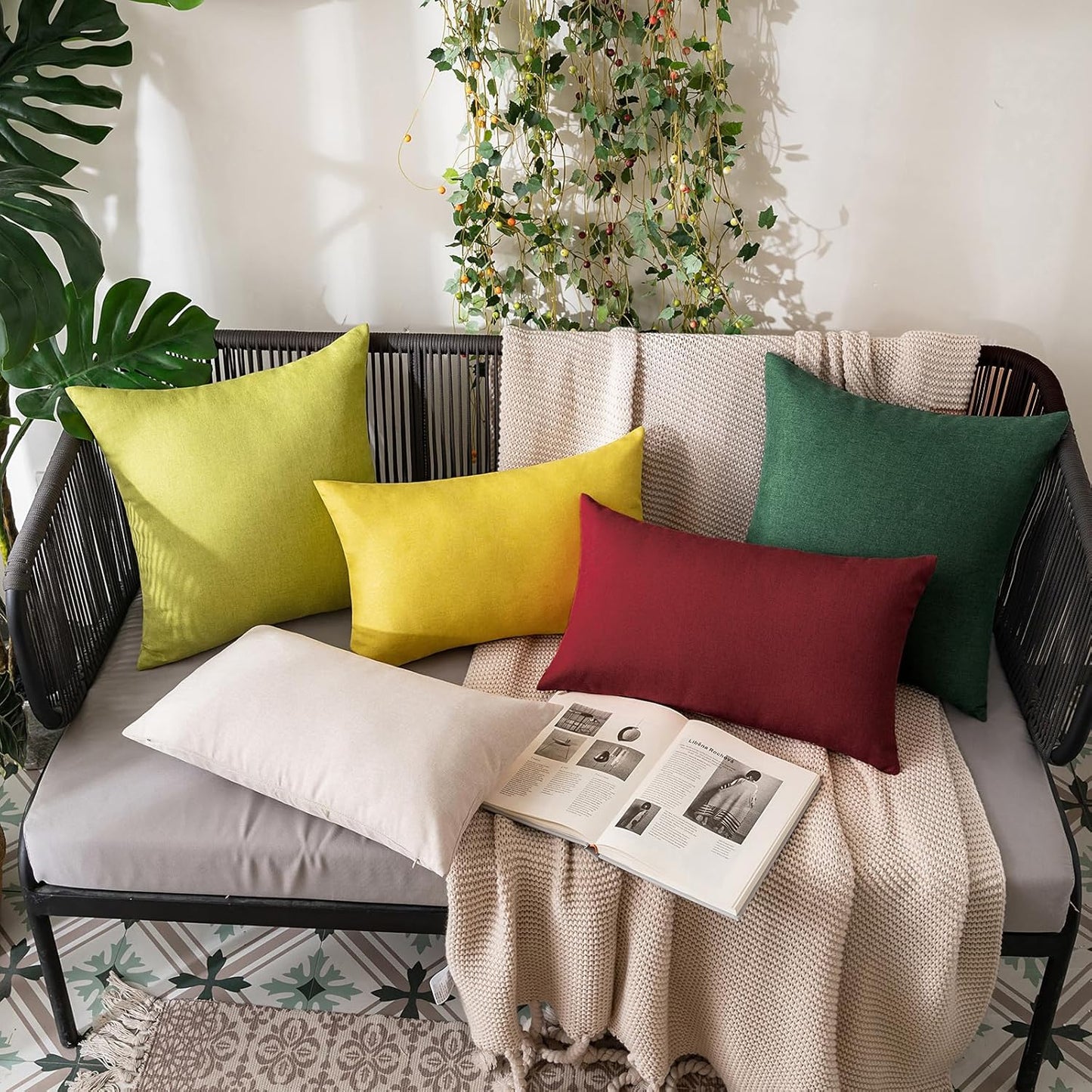 MIULEE Decorative Outdoor Throw Pillow Covers - Waterproof Faux Linen Cushion Cases | 18x18 Inch Emerald Green (Pack of 2)