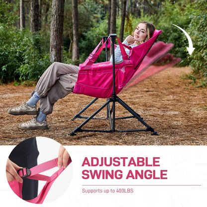 EVER ADVANCED Padded Oversized Hammock Camping Chair, Compact Heavy Duty Swing Chair with Multi-Storage Pockets, Portable Folding Rocking Camping Chair, Support Up to 400lbs, Pink