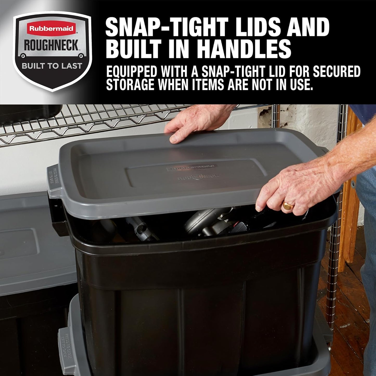 Rubbermaid 18 GAL Heavy-Duty Garage Storage Bins - Stackable, Durable Plastic Containers in Black & Grey