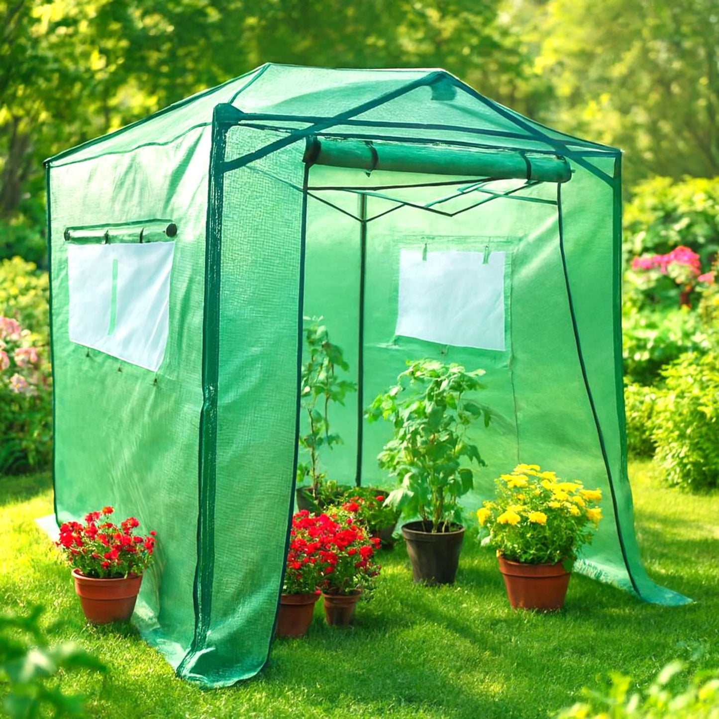 Garden Winds Reinforced Replacement Cover Compatible with The GH48-GRN-AZ Eagle Peak 8x6 Portable Walk in Pop Up Greenhouse Zipper Entry Doors 2 Mesh Side Windows - PE Fabric , Classic Forest
