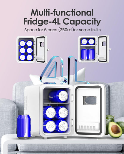 Skincare Fridge With Dimmable LED Light Mirror, 4L Mini Fridge For Desktop, Travel or Cool & Heat, Makeup Fridge for Cosmetics, Skin Care and Food, Green
