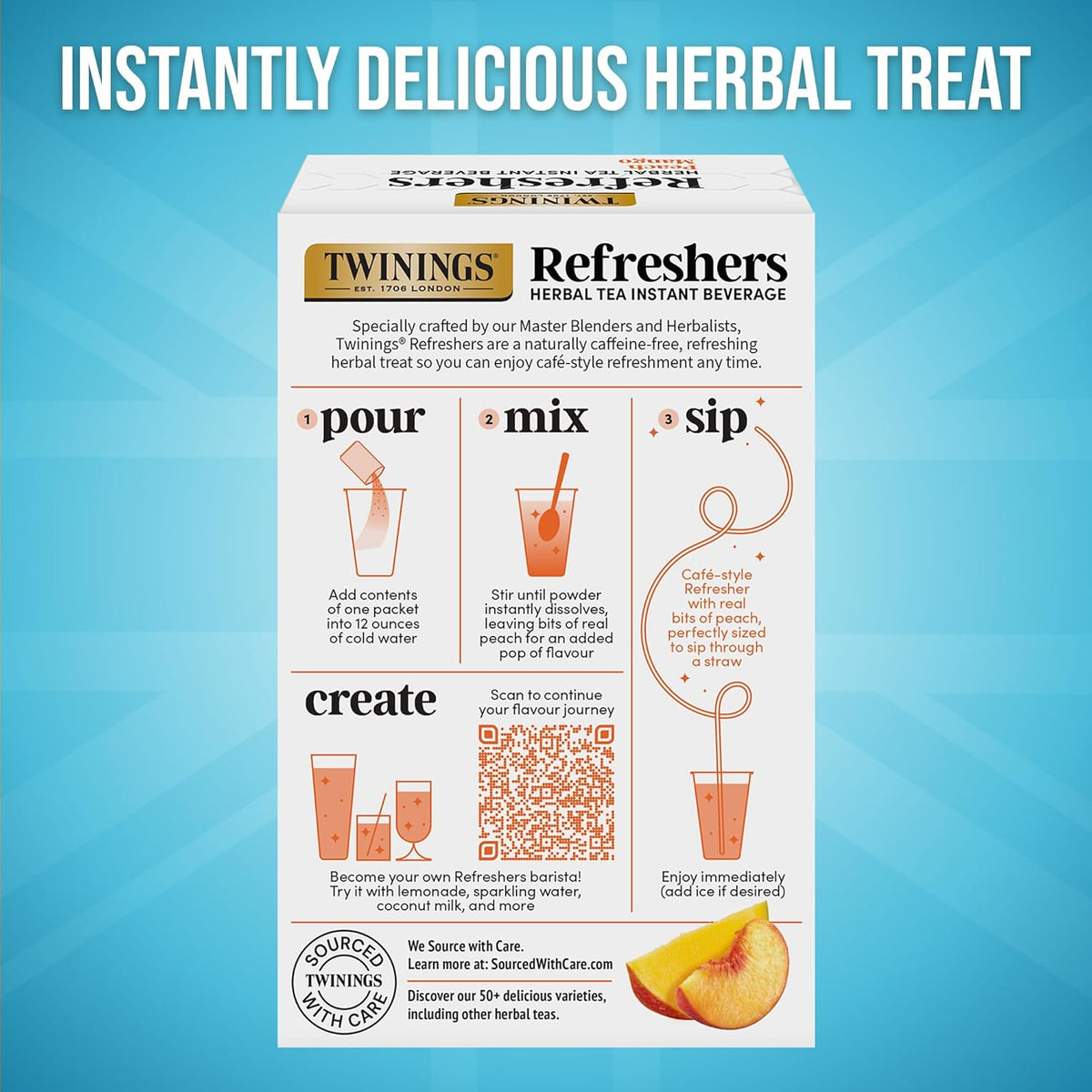 Twinings Peach Mango Herbal Tea | Instant Beverage with Real Fruit Bits | 30 Packets, Caffeine-Free Refreshment