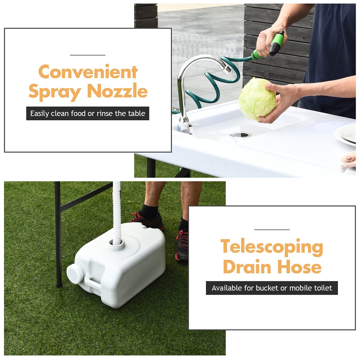 SPORFIT Fish Cleaning Table with Sink, Portable Camping Table w/Flexible Faucet & Sprayer, Drainage Hose Hook Up, Outdoor Fish Cleaning Station for Garden, Backyard, Kitchen (with Sprayer)