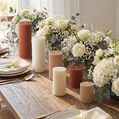 Lyrow 6 Pcs Ribbed Pillar Home Decorative Candles Aesthetic Modern Home Decor Soy Wax Unscented Pillar Candles Width 3" High 4" 6" 8" for Bathroom Living Room Wedding Dinner Party(Brown)