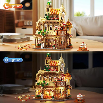 Flower Bakery Coffee House Building Set with Lights City Cafe Baking House Display Model Toy 1289 PCS Modular Construction Building Blocks Kit Home Decor Gift for Adults Teens Girls 12+