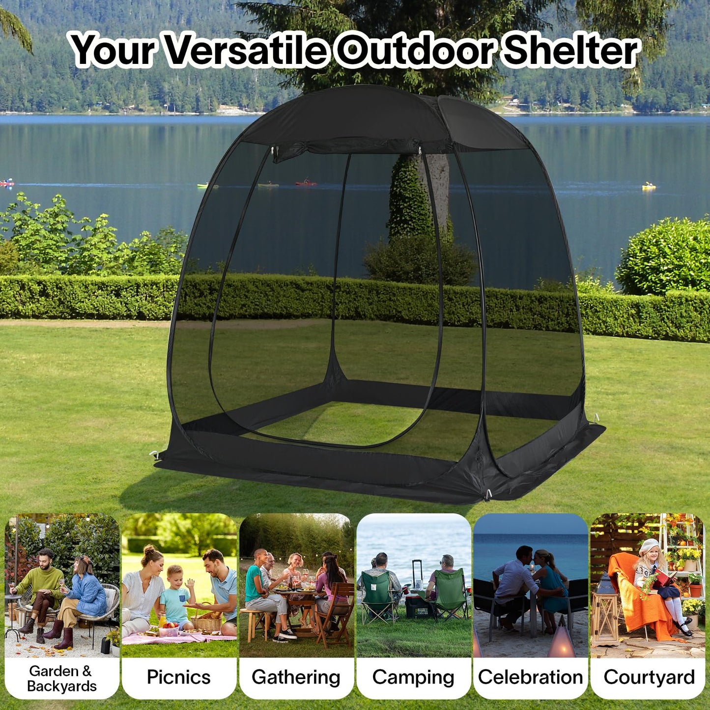 Alvantor® Pop Up Screen House, Outdoor Mosquito Mesh Tent with UV Resistant, Pop Up Canopy Easy Up, Foldable Screen Room for Camping,Backyard, Garden, Patio(Black, 6x6 FT)