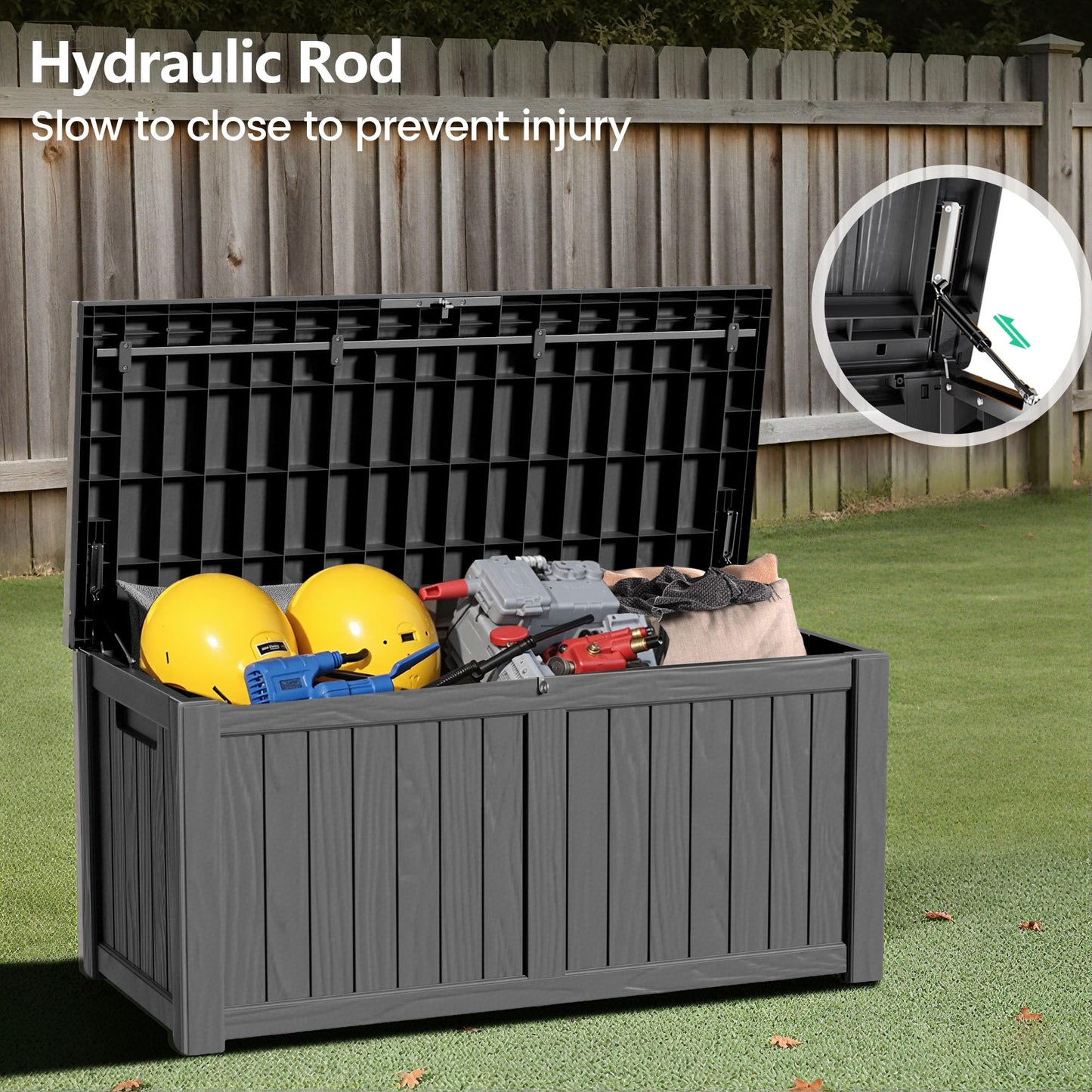 ComeWay 120 Gallon Outdoor Storage Box - Waterproof Resin Deck Box with Stainless Steel Rods - Lockable & Fade Resistant Storage Bin for Patio Cushions & Garden Tools, Black