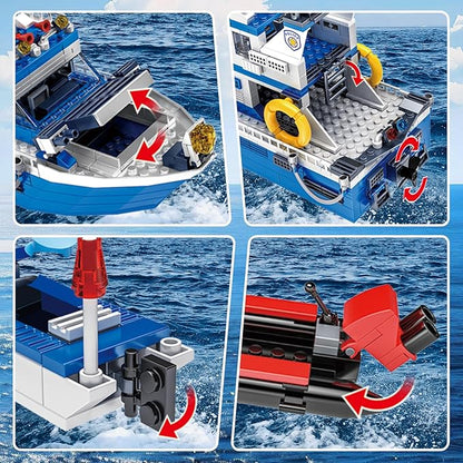 Police Boat Building Set 480 Pcs City Boat STEM Building Toy Including Kayaks and Police Speedboats Toy Christmas Birthday Gift for Kids Boys Girls 6 7 8 9 10+