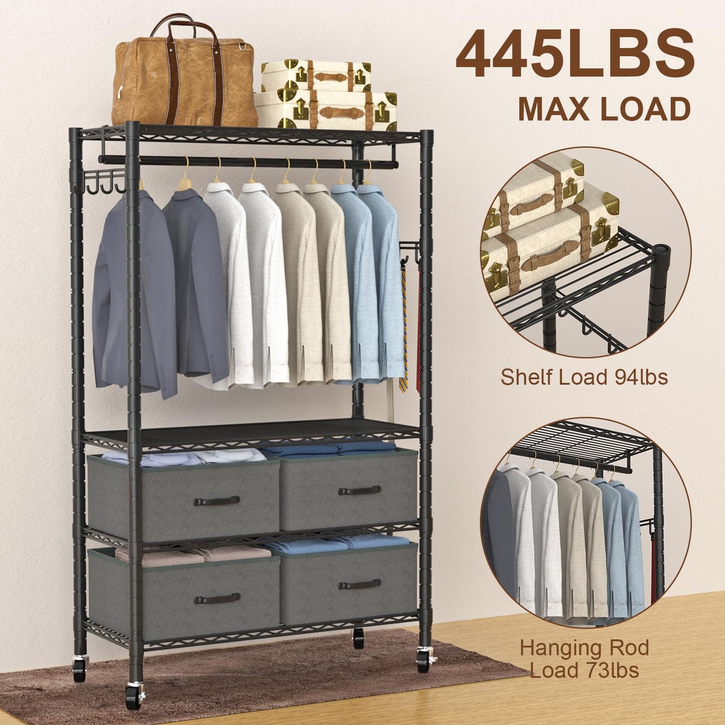 VyGrow Clothes Rack, Heavy Duty Clothing Rack for Hanging Clothes, 4-Tier Adjustable Closet Organizer with 4 Drawers | Hanging Rod | Side Hooks | Load 445lbs | 15.7" D x 35.4" W x 74.1" H