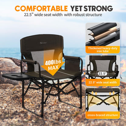 kamopot Directors Chair Foldable with Side Table, 400lb Heavy Duty for Adults Outdoor, Folding Camping Chair for Sideline Sports, Fishing, Patio, Lawn, Picnic, Beach, 2-Pack Brown