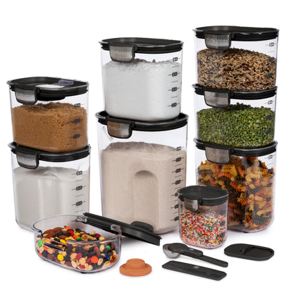 ProKeeper+ Airtight Food Storage Container Set – Clear Plastic Flour and Sugar Canister Set with Magnetic Accessories for Kitchen Organization (Black, 13-Piece)