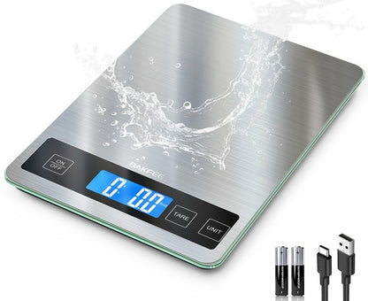 BakFee Food Scale, 33lb Digital Kitchen Scale with Stainless Steel & Tempered Glass, USB Rechargeable, 1g/0.05oz Precise Weighing, Splash-Resistant and Sturdy Surface, for Cooking, Baking, Weight Loss