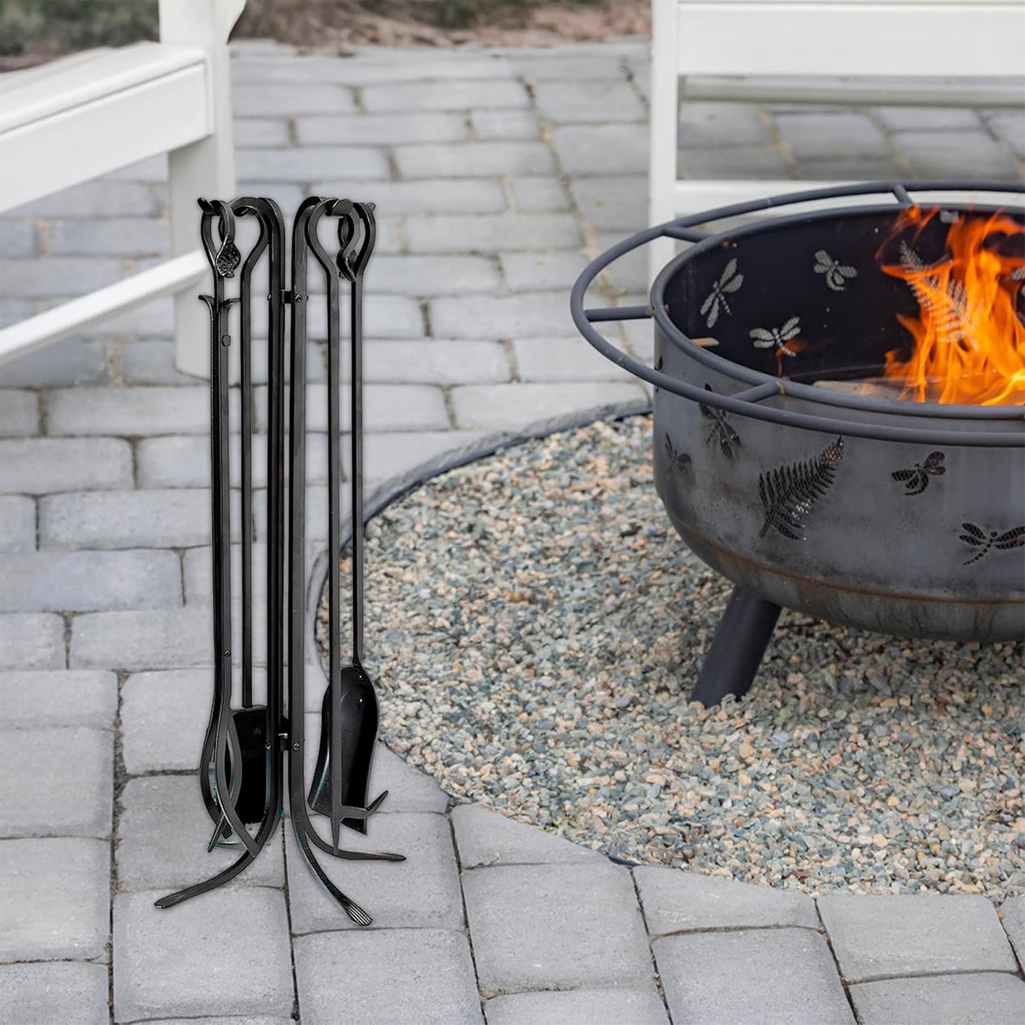 Plow & Hearth 5 Piece Hand Forged Iron Compact Fireplace Tool Set 27.5" | Black Wrought Iron Handle for Outdoor Indoor | Stand Poker Shovel Brush Log Tongs Wood Stove Accessory
