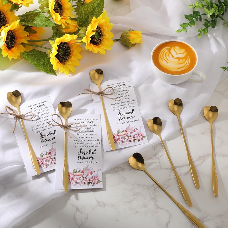 Skybooly Tea Party Bridal Shower Favors Mini Coffee Spoons Small Tea Spoons Heart Shaped Spoon with Bridal Shower Thank You Cards and Hemp Rope Wedding Souvenirs Tea Party Favor (50, Gold)