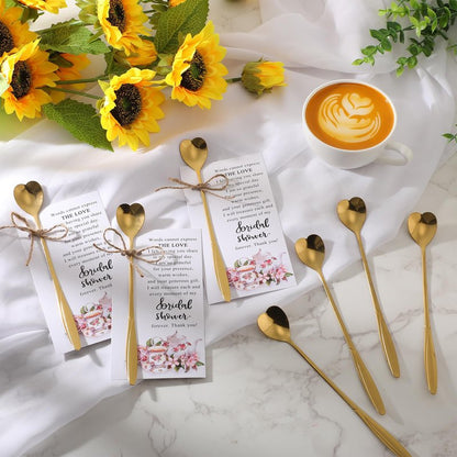 Skybooly Tea Party Bridal Shower Favors Mini Coffee Spoons Small Tea Spoons Heart Shaped Spoon with Bridal Shower Thank You Cards and Hemp Rope Wedding Souvenirs Tea Party Favor (50, Gold)