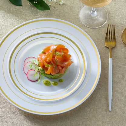 SETUP 60-Piece Gold Trim Plastic Dinnerware Set – 30 10.25" Dinner & 30 7.5" Salad Plates – Heavy-Duty Disposable for Weddings, Catering, Parties