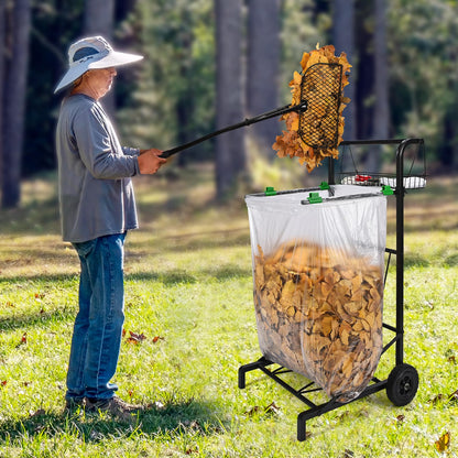 CAROD Mobile Trash Bag Holder with Storage Basket and Ergonomic Handle, Convenient Leaf Bag Cart with Leaves Grabber Rake Combo, Suitable for Leaves, Weeding, Camping, Party